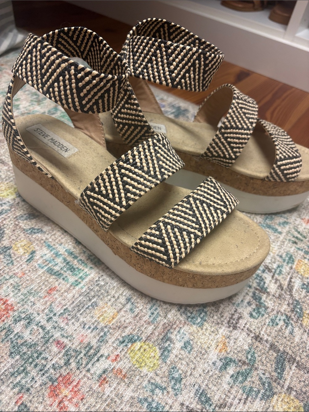 Steve Madden Black & Natural Woven Strap Platform Sandal